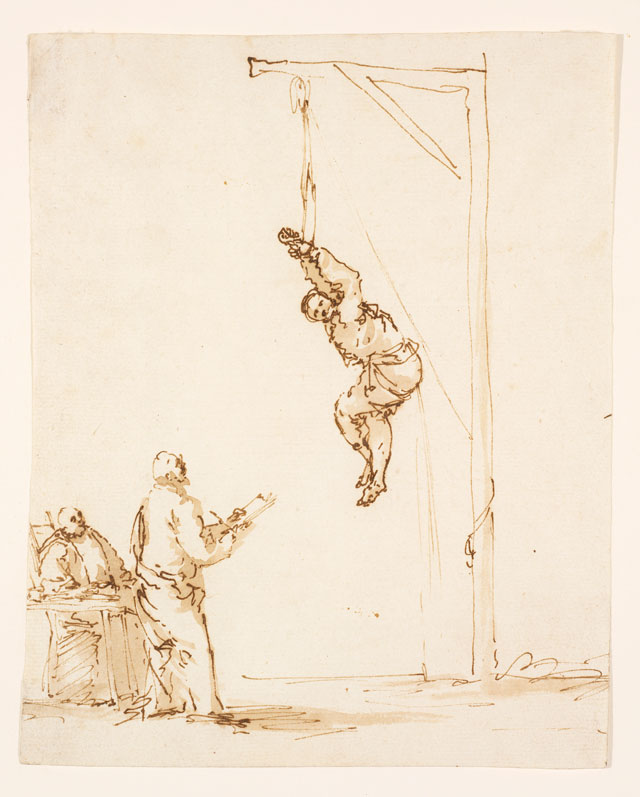 Jusepe de Ribera, Inquisition Scene, after 1635. Pen and brown ink with wash, 20.6 x 16.5 cm. Museum of Art, Rhode Island School of Design, Providence, Museum Works of Art Fund 56.060. Photo: Erik Gould, courtesy of the Museum of Art, Rhode Island School of Design, Providence.