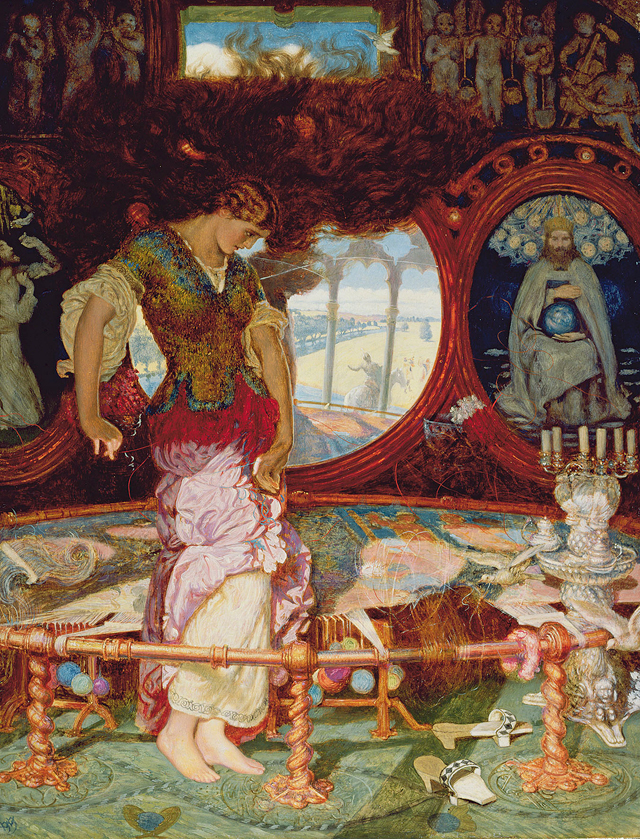 William Holman Hunt. The Lady of Shalott, c1886-1905. Oil on wood, 44.4 x 34.1 cm. Manchester Art Gallery. © Manchester City Galleries/Bridgeman Images.