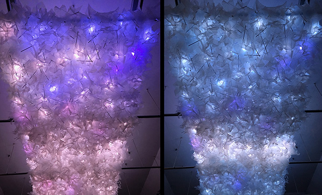 Esther Rolinson. Flown, 2015. Light installation. Hand folded acrylic, programmed LEDs. In collaboration with Sean Clark. Dimensions variable, shown at Watermans; 5 x 2.5 m.