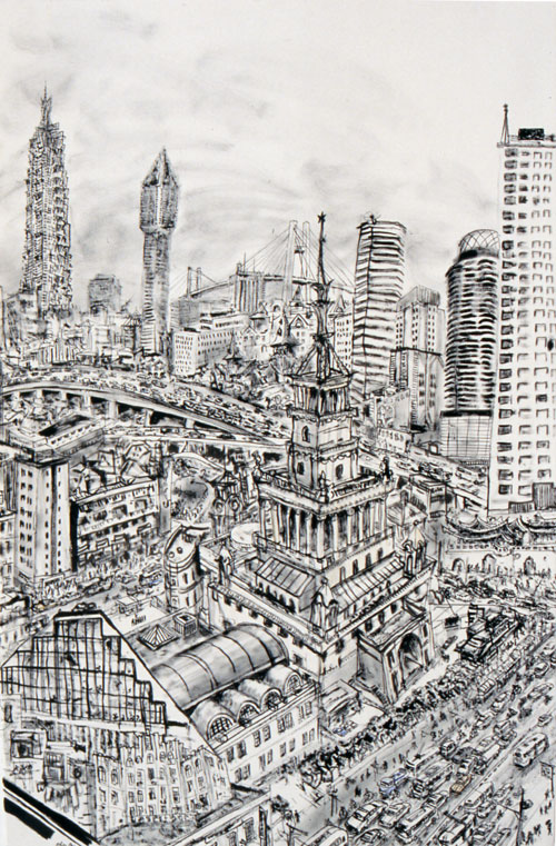 Chris Orr, Shanghai Boogey Woogey (3 Panels), 2004 201 X 100 cm, Ink Drawing. Image courtesy of The Red Mansion Foundation.