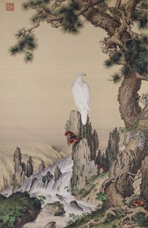 Giuseppe Castiglione (Chinese name Lang Shining, 1688-1766). Pine, Hawk and Glossy Ganoderma, 1724. Hanging scroll, colour on silk. 242.3 x 157.1 cm. The Palace Museum, Beijing.
