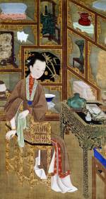 Anonymous court artists. From Twelve Beauties at Leisure Painted for Prince Yinzhen, the Future Yongzheng Emperor, late Kangxi period (between 1709 and 1723). One of a set of twelve screen paintings, ink and colour on silk. 184 x 98 cm. The Palace Museum, Beijing.