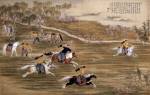 Giuseppe Castiglione (Chinese name Lang Shining, 1688-1766) and others. The Qianlong Emperor Hunting Hare, 1755.
 Hanging scroll, colour on silk.
115.5 x 181.4 cm.
 The Palace Museum, Beijing.