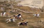 Giuseppe Castiglione (Chinese name Lang Shining, 1688-1766) and others. The Qianlong Emperor Hunting Hare, 1755.
 Hanging scroll, colour on silk.
115.5 x 181.4 cm.
 The Palace Museum, Beijing.