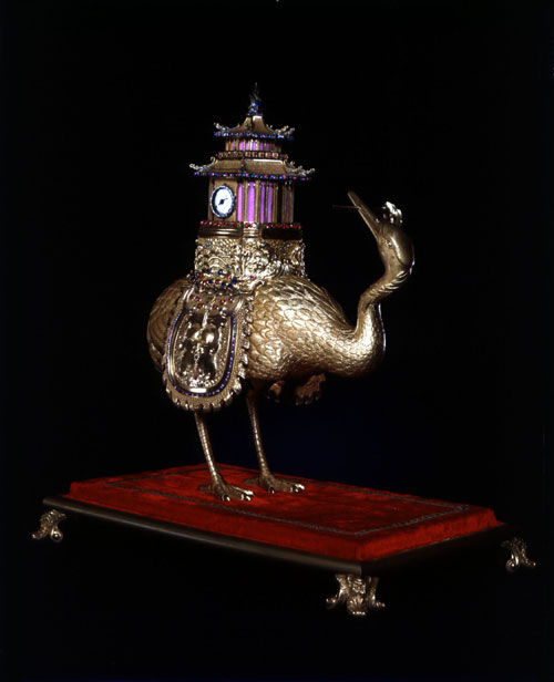 James Cox (d.c.1791)
Clock in the shape of a crane carrying a pavilion on its back, 18th century. 
Gilt bronze and coloured stones.
 Height 40 cm. 
The Palace Museum, Beijing.