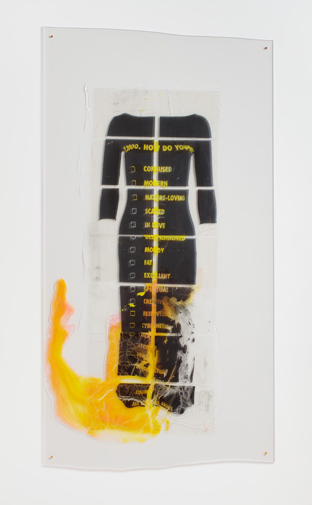 Sara Greenberger Rafferty. Y2K Moschino Dress, 2016. Acrylic polymer and inkjet prints on acetate on Plexiglas, and hardware, 76 1/2 x 40 x 1/2 in (194.3 x 101.6 x 1.3 cm) irregular.