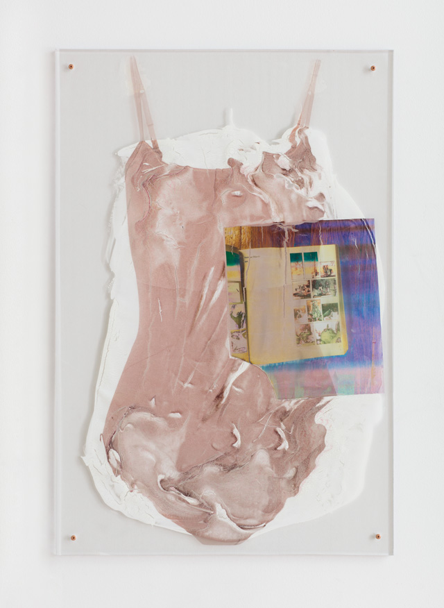 Sara Greenberger Rafferty. Wolford Shapewear and Various Objects, 2016. Acrylic polymer and inkjet prints on acetate on Plexiglas, and hardware, 36 x 24 x 1/2 in (91.4 x 61 x 1.3 cm) irregular.