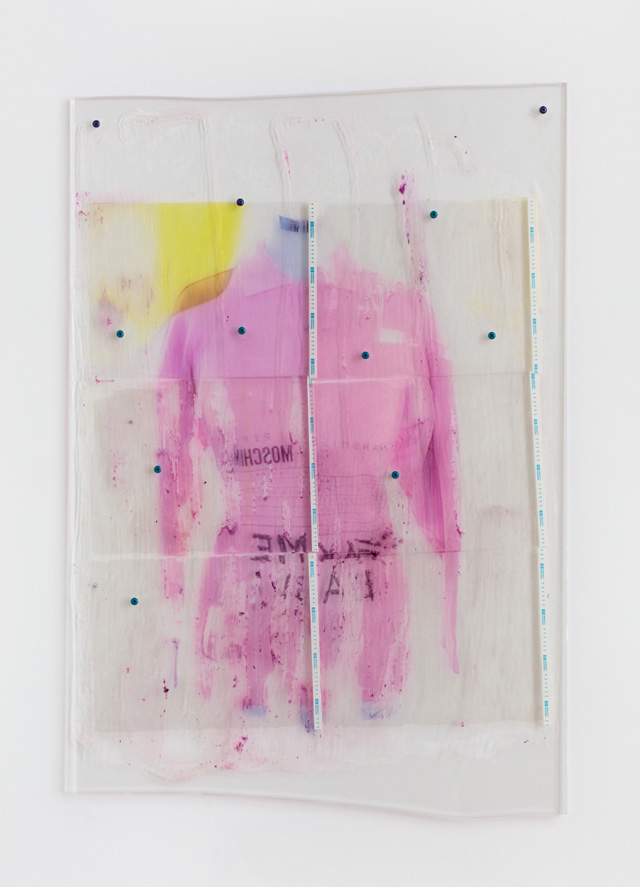 Sara Greenberger Rafferty. FM FM 1990, 2016, 2016. Acrylic polymer, inkjet prints, and paper on acetate on Plexiglas, and
hardware, 35 x 24 x 1/2 in (88.9 x 61 x 1.3 cm) irregular.