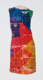 Sara Greenberger Rafferty. Dress, 2016. Acrylic polymer and inkjet prints on acetate on Plexiglass, and hardware, 50 x 18 x 1/2 in (127 x 45.7 x 1.3 cm) irregular.