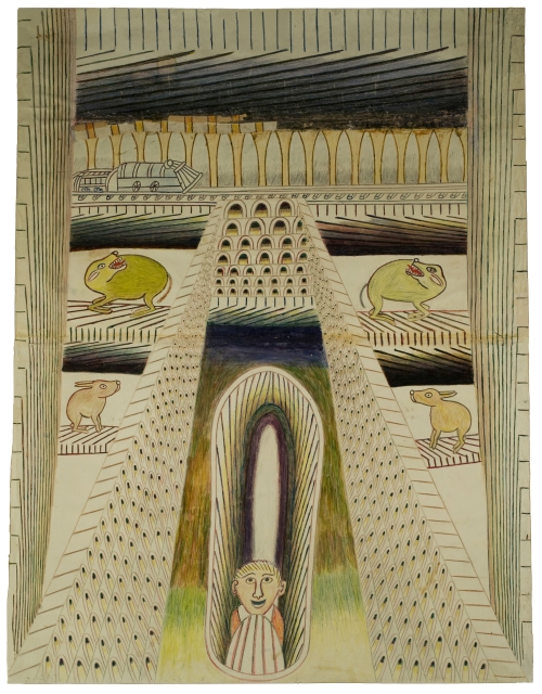 Martín Ramírez. Untitled (Courtyard with Man and Animals), 1950-55. Graphite, tempera and crayon on paper, 47 1/2 x 36 in (120.7 x 91.4 cm).