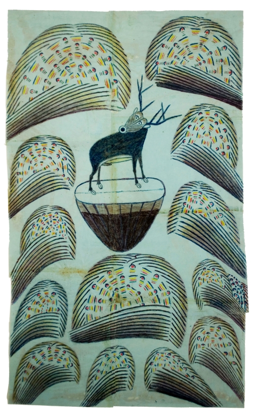 Martín Ramírez. Untitled, (Stag on mound with fireworks), c1952-53. Graphite, tempera and crayon on paper, 32 x 19 1/2 in (81.3 x 49.5 cm).