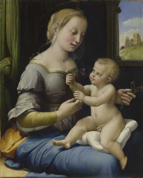Raphael (1483-1520), Madonna of the Pinks, 1507-8 oil on wood (probably cherry) 29 x 23 cm © The National Gallery, London