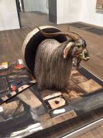 Robert Rauschenberg. Monogram, 1955-59. Oil paint on taxidermied angora goat and rubber tire, on oil paint on paper, fabric printed paper, printed reproductions, metal, wood, rubber shoe heel, and tennis ball on canvas on wood platform mounted on four casters, 129 x 186 x 186 cm. Moderna Museet, Stockholm. Photograph: Martin Kennedy.