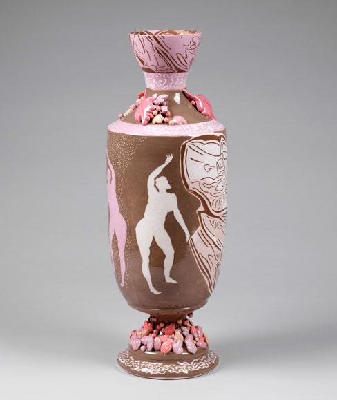 Charlotte Hodes. Silhouette reflection, 2009. Slip, hand cut enamel transfer on earthenware, 57 cm high.