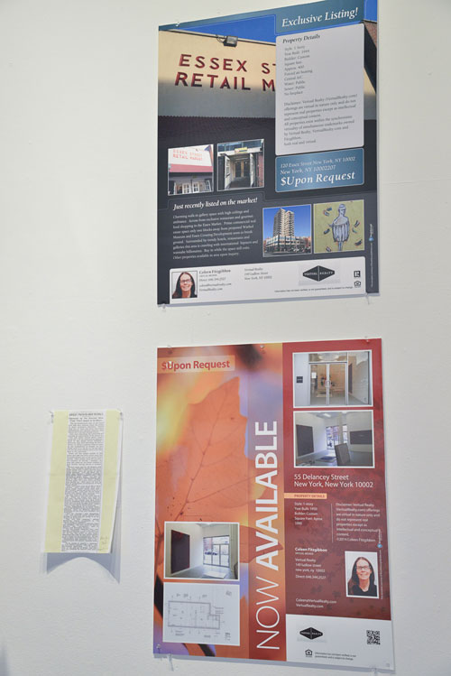 Installation view (Coleen Fitzgibbon). The Real Estate Show, What Next: 2014, Cuchifritos
Gallery + Project Space, New York 2014. Photograph courtesy of Bill Massey.
