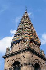 The campanile of the church of Cristo dell'Olmo at Mazzarino, covered with majolica tiles. Photograph by Melo Minnella