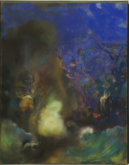 Odilon Redon. <em>Roger and Angelica</em> c. 1910. Pastel, with wiping, stumping and incising, on paper, mounted on canvas 36 1/2 x 28 3/4 in. The Musuem of Modern Art, New York, Lillie P Bliss Collection, 1934.