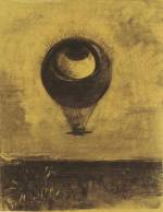 Odilon Redon. <em>Eye-balloon</em> 1878. Various charcoals and black chalk, with stumping, erasing and incising, heightened with traces of white chalk, on yellow-cream wove paper altered to a pale golden tone 16 5/8 x 13 1/8 in. The Musuem of Modern Art, New York, Gift of Larry Aldrich, 1964.
