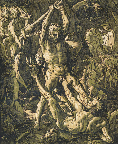 Hendrick Goltzius. Hercules Killing Cacus, 1588. Chiaroscuro woodcut printed from three blocks, the tone blocks in yellow and green, 41.1 x 33.3 cm. Collection Georg Baselitz. Photograph: Albertina, Vienna.