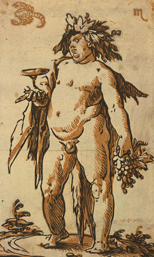 Hendrick Goltzius. Bacchus, c1589-90. Chiaroscuro woodcut printed from two blocks, the tone block in light brown, 23.8 x 14.3 cm. Collection Georg Baselitz. Photograph: Albertina, Vienna.