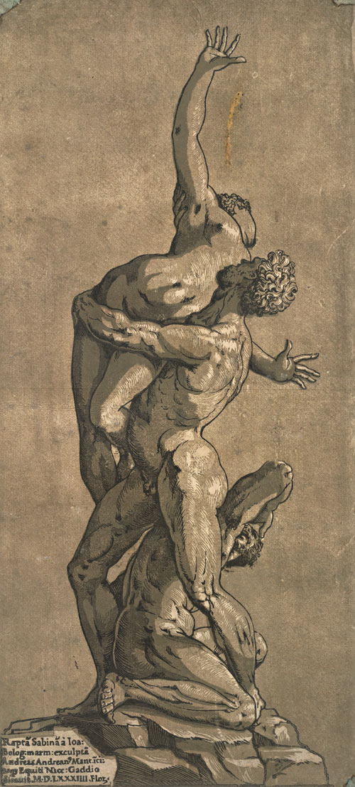 Andrea Andreani, after Giambologna. Rape of a Sabine Woman, 1584. Chiaroscuro woodcut printed from four blocks, the tone blocks in brown, 44.7 x 20.9 cm. Collection Georg Baselitz. Photograph: Albertina, Vienna.