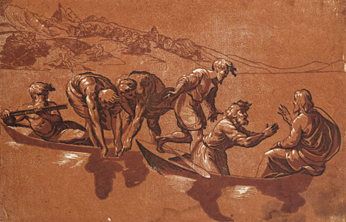 Ugo da Carpi, after Raphael. The Miraculous Draught of Fishes, c1523-27. Chiaroscuro woodcut printed from three blocks, the tone blocks in red, 23.4 x 25.7 cm. Albertina, Vienna. Photograph: Albertina, Vienna.