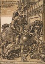 Hans Burgkmair the Elder. St George and the Dragon, c1508-10. Chiaroscuro woodcut printed from two blocks, the tone block in beige, 32 x 22.5 cm. Collection Georg Baselitz. Photograph: Albertina, Vienna.