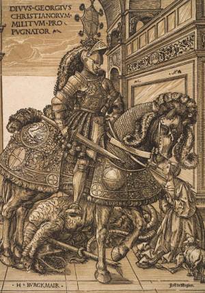 Hans Burgkmair the Elder. St George and the Dragon, c1508-10. Chiaroscuro woodcut printed from two blocks, the tone block in beige, 32 x 22.5 cm. Collection Georg Baselitz. Photograph: Albertina, Vienna.