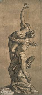 Andrea Andreani, after Giambologna. Rape of a Sabine Woman, 1584. Chiaroscuro woodcut printed from four blocks, the tone blocks in brown, 44.7 x 20.9 cm. Collection Georg Baselitz. Photograph: Albertina, Vienna.