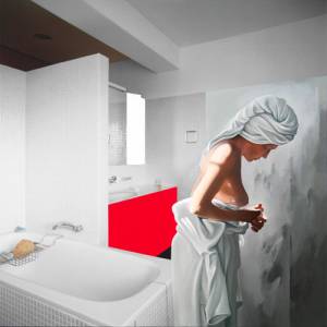 Richard Hamilton. Bathroom - fig.2 II, 2005-06. Oil on Fuji/Oce LightJet on canvas, 100 x 100 cm. © Courtesy of the Estate of Richard Hamilton.