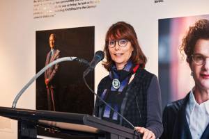 Hedy Ritterman speaking at the exhibition opening for One man in his time, Jewish Museum of Australia 2016-2017.