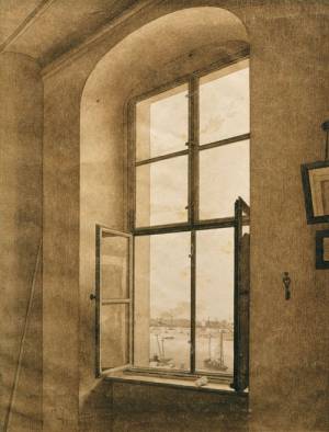 Caspar David Friedrich. <em>View from the Artist's Studio, Window on the Left</em>. C1805-06
Graphite and sepia on paper, 12⅜ x 9¼ in. Belvedere, Vienna.