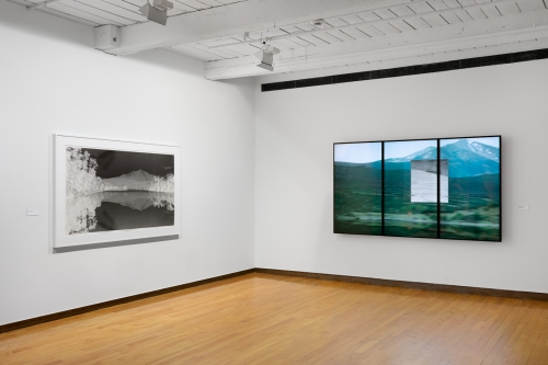 Clifford Ross. Central Exhibition Area (Mountain Redux I and three-panel Harmonium Mountain video). MASS MoCA.