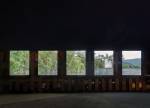 Clifford Ross. Nighttime view of immersive Harmonium Mountain video. Courtyard D. MASS MoCA.