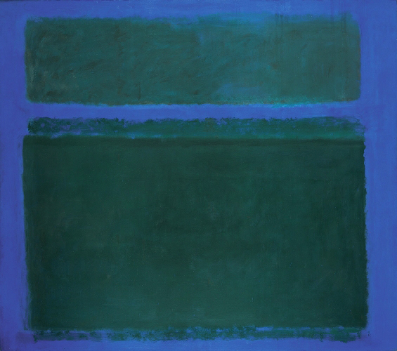 Mark Rothko. <em>No. 15, Dark Greens on Blue with Green Band</em>, 1957. Oil on canvas, 2616 x 2959 mm. Collection Christopher Rothko © 1998 Kate Rothko Prizel and Christopher Rothko/VG Bild-Kunst, Bonn 2008