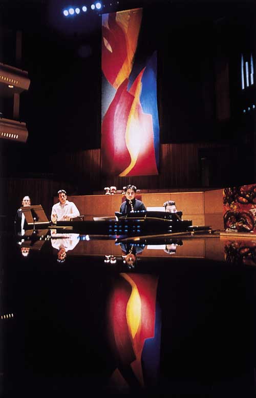 Mark Rowan-Hull. Royal Festival Hall, 2002, performance with complementary lighting. Paintings inspired by Messe de la Pentecôte by Olivier Messiaen.