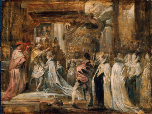 Peter Paul Rubens. Coronation of Maria de' Medici, c1622-25. Oil on panel, 49 x 63 cm. State Hermitage Museum, St Petersburg Photo © 2013. Photograph: Scala, Florence.