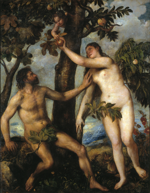 Titian (1488–1576).<em> Adam and Eve.</em> 1550.

Oil on canvas, 240 x 186 cm. 
Museo Nacionál del Prado, Madrid. Photo: © Museo Nacionál del Prado, Madrid.