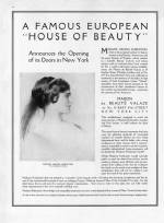 A 1915 Vogue advertisement announcing Rubinstein’s inaugural beauty salon in New York. The ad features a portrait of Rubinstein by Paul Cesar Helleu.