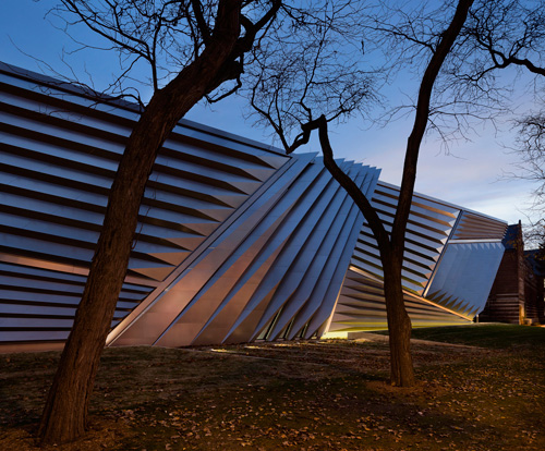 The Eli and Edythe Broad Art Museum at Michigan State University, designed by Zaha Hadid. Exterior view (4). Photograph: Paul Warchol.