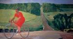 Alexander Deineka. <em>Collective Farm Worker on a Bicycle</em>, 1935. Oil on canvas, 47 1/4 x 86 5/8 inches. State Russian Museum, St. Petersburg. © Estate of Alexander Deineka/RAO, Moscow/VAGA, New York. Photo: © State Russian Museum, St. Petersburg.