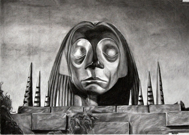 Karen Russo. Morlocks Temple with Barlach Head, 2015. Charcoal on paper, 121 x 86 cm.