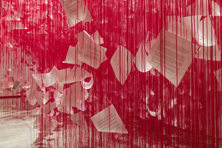 Letters of Thanks, 2026, installation view, Chiharu Shiota: Threads of Life. Photo: Mark Blower. Courtesy of the Hayward Gallery. © DACS, London, 2026 and Chiharu Shiota.