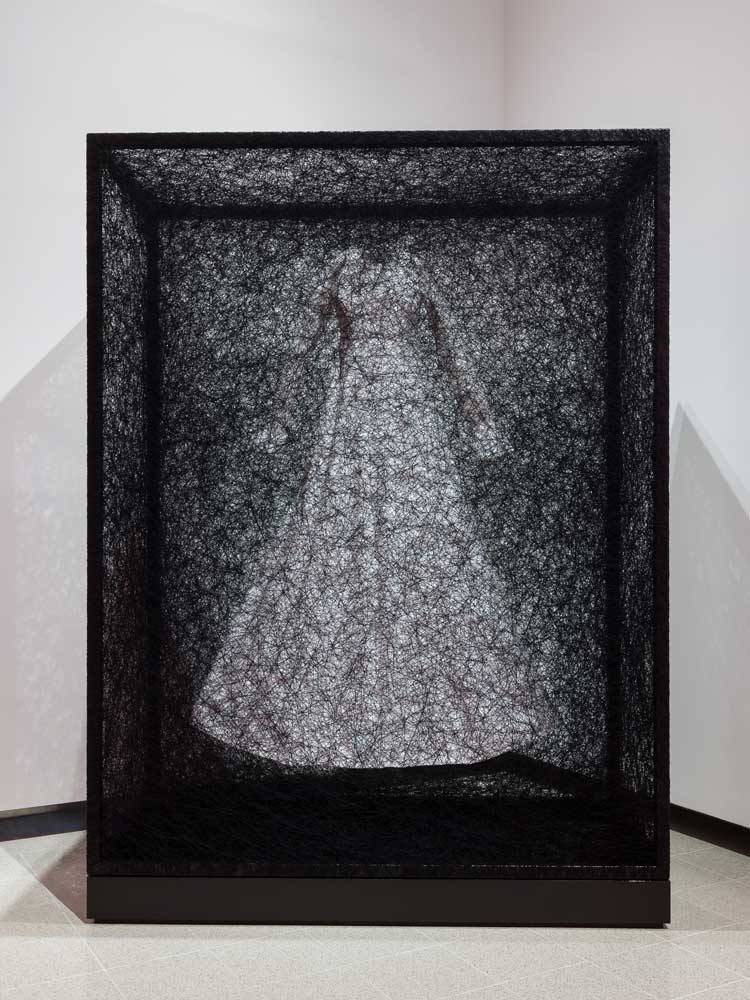 State of Being (Dress), 2025, installation view, Chiharu Shiota: Threads of Life. Photo: Mark Blower. Courtesy of the Hayward Gallery. © DACS, London, 2026 and Chiharu Shiota.