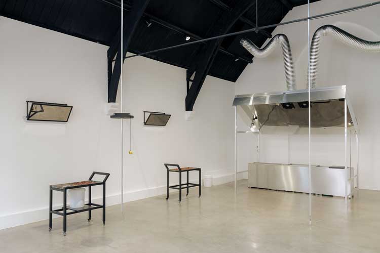 Aki Sasamoto, Grilled Diagrams, 2026. Installation view, Studio Voltaire, 2026. Commissioned and produced by Studio Voltaire. Image courtesy of the artist, Bortolami Gallery, Take Ninagawa and Studio Voltaire. Photo Sarah Rainer.