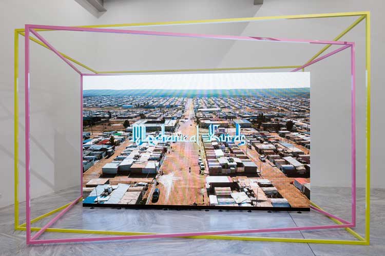 Hito Steyerl, Mechanical Kurds, 2025. Single screen installation, 13 min. Installation view, Hito Steyerl: Humanity Had the Bullet Go In Through One Ear and Out Through the Other, 2025. MAK Contemporary © kunst-dokumentation.com / MAK.