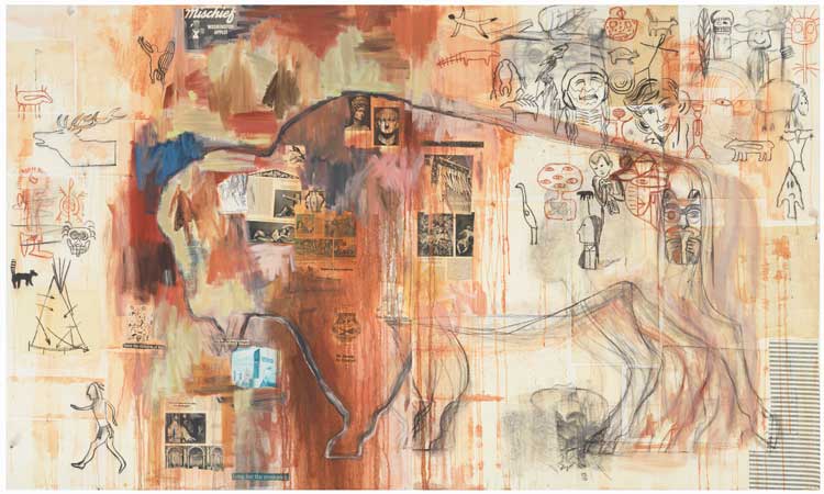 Jaune Quick-to-See Smith, I See Red: Indian Drawing Lesson, 1993. Image courtesy of The Estate of Jaune Quick-to-See Smith, Garth Greenan Gallery, New York and Stephen Friedman Gallery.