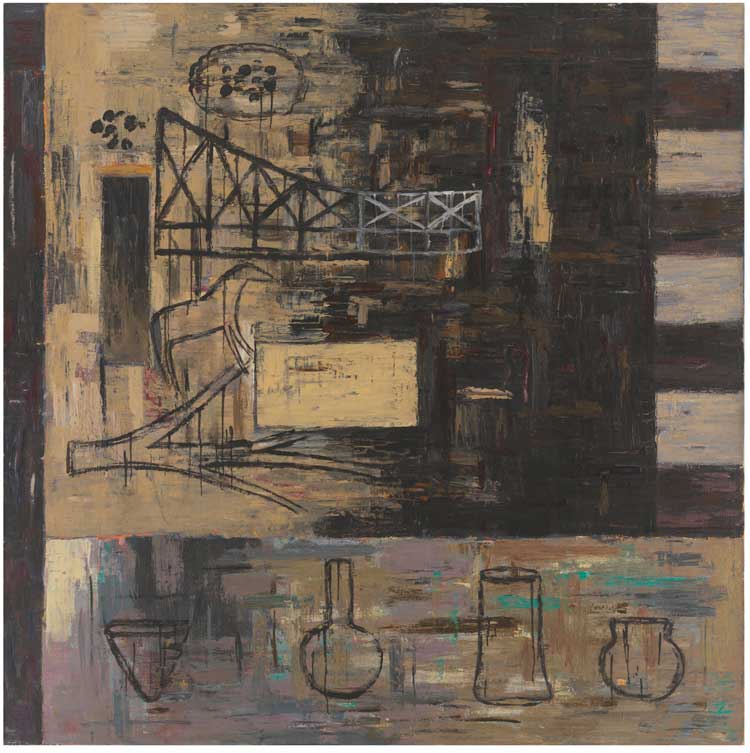 Jaune Quick-to-See Smith,
Montana Memories: Into the Dusk, 1989. Image courtesy of The Estate of Jaune Quick-to-See Smith, Garth Greenan Gallery, New York and Stephen Friedman Gallery.