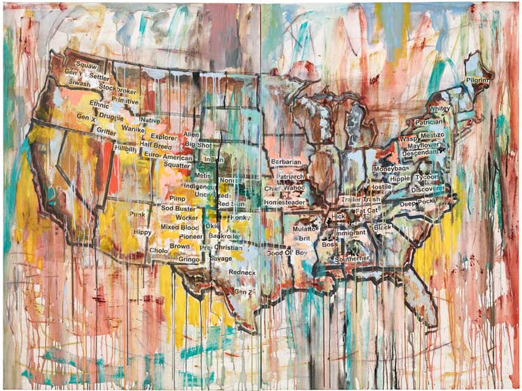 Jaune Quick-to-See Smith, American Slang Map, 2023. Courtesy of Arte Collectum. Image courtesy of The Estate of Jaune Quick-to-See Smith, Garth Greenan Gallery, New York and Stephen Friedman Gallery.