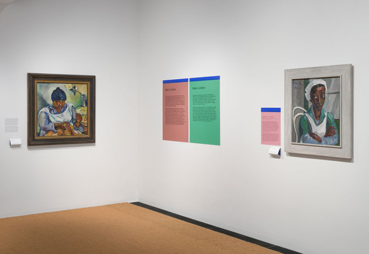 Left: Irma Stern, Woman Sewing Kaross, 1929, oil on canvas. Right: Irma Stern, Maid in Uniform, 1955, oil on canvas. Exhibition view, Irma Stern. A Modern Artist between Berlin and Cape Town, Brücke-Museum, Photo: Nick Ash.